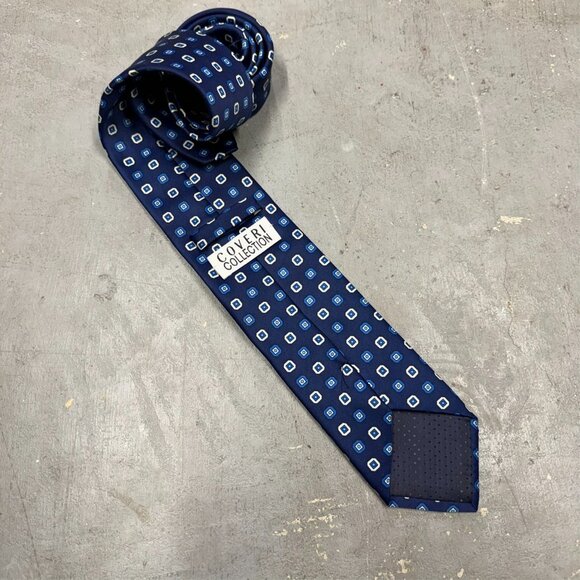 Coveri Collection Tie Handmade Silk Blue Polka Dot 3" - Picture 3 of 5